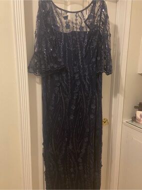 Adrianna Papell Navy Floral Sequin Gown
